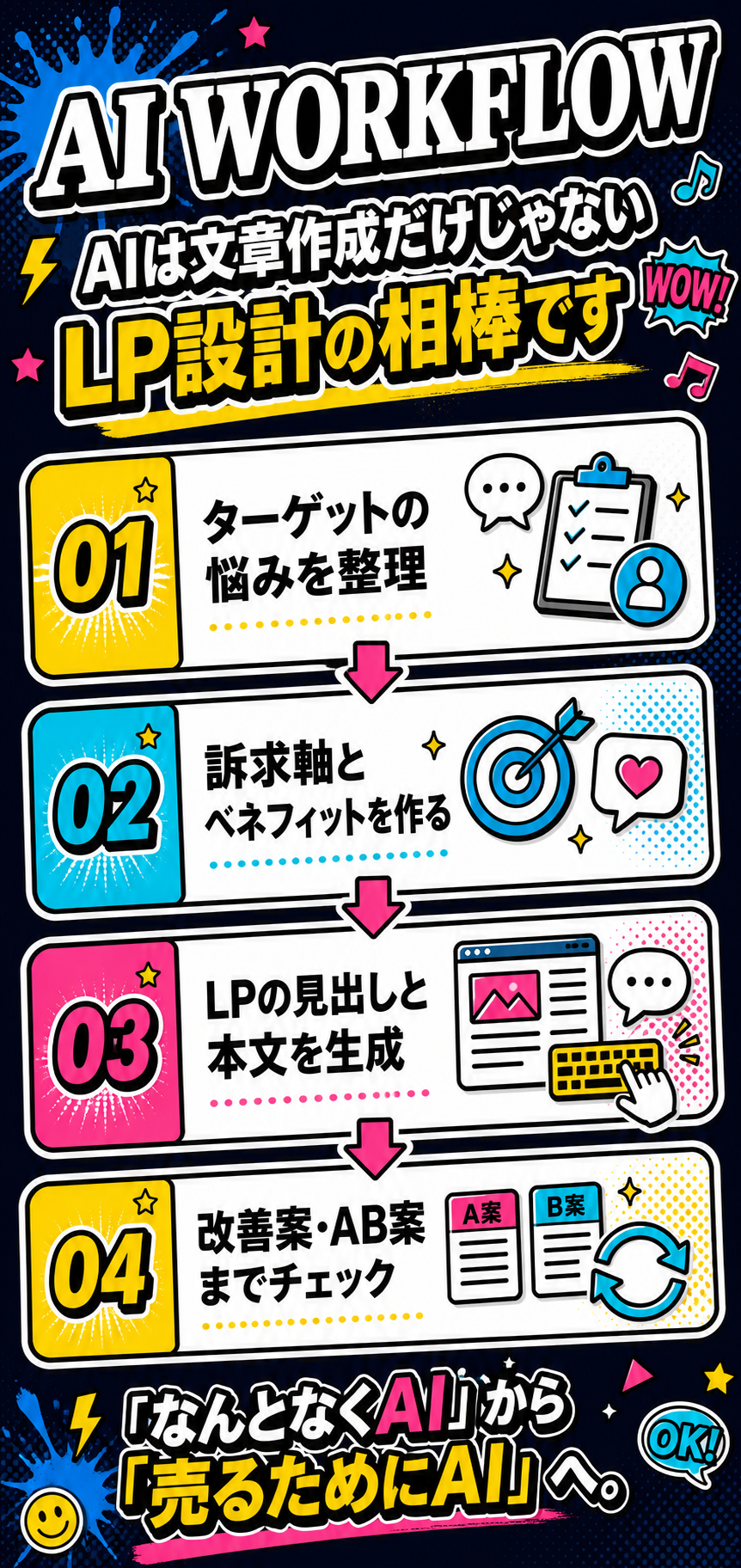 AI WORKFLOW。ターゲットの悩み整理、訴求軸とベネフィット作成、LP見出し本文生成、改善案AB案チェック。