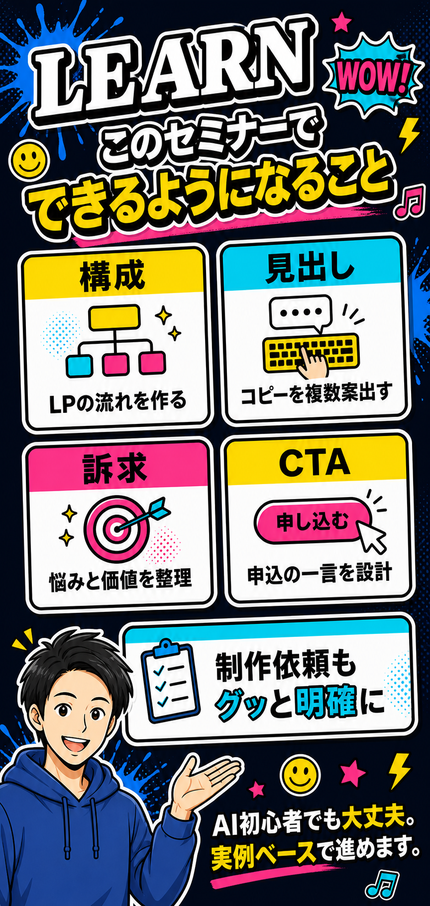 このセミナーでできるようになること。構成、見出し、訴求、CTA、制作依頼の明確化。